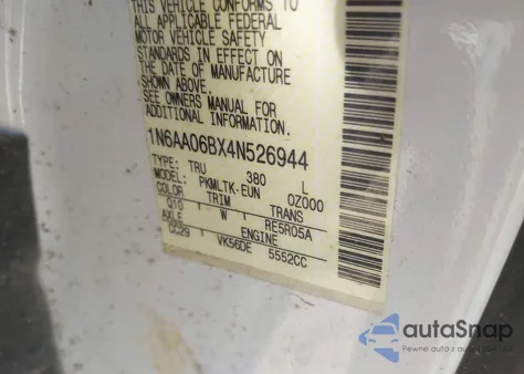 2004 Nissan Titan Se из США, поврежденный, VIN 1N6AA06BX4N526944